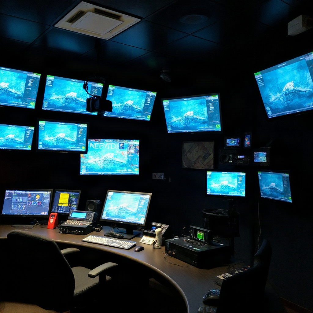 Dark control room with screens and radio equipment