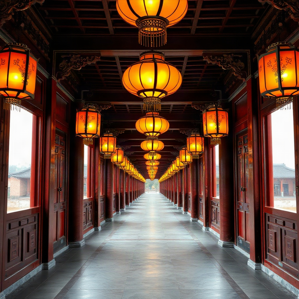 Ancient Chinese palace corridor with golden lanterns