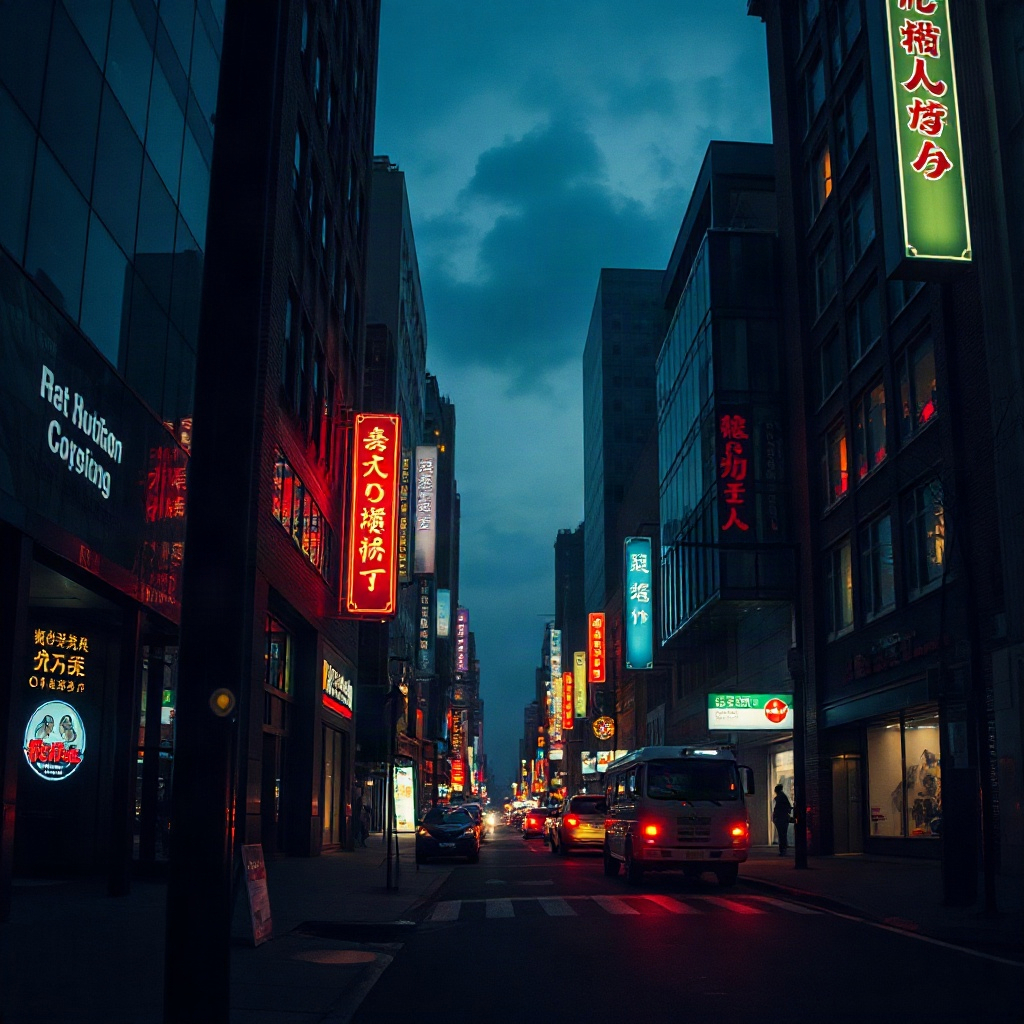 Neon lit city street at midnight for a modern suspense drama