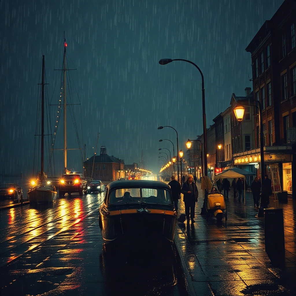 Rainy night harbor street in a 1930s suspense drama